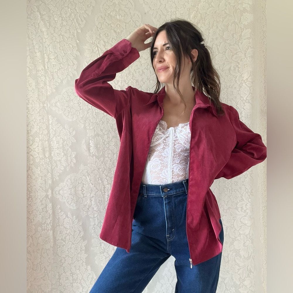 Croft & Barrow Raspberry Red Faux Suede Ribbed Zip-up Lightweight Jacket - Picture 6 of 13